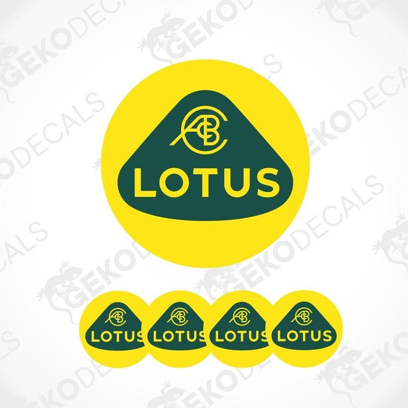 A set of four yellow and green vinyl stickers with the word 'LOTUS' printed on them, designed for use as car decals.