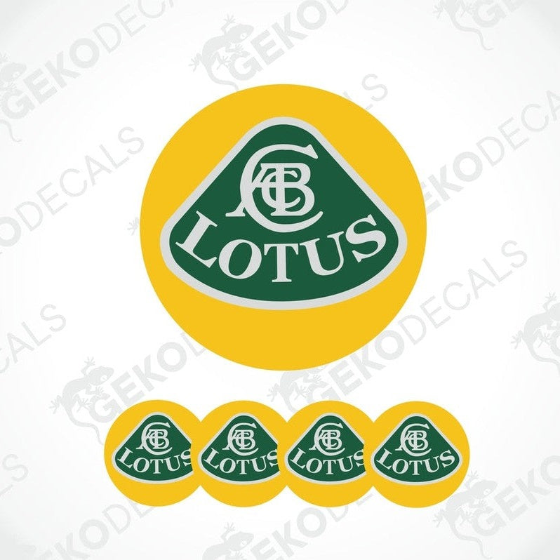 A set of yellow vinyl decals with the green Lotus car logo applied on them.