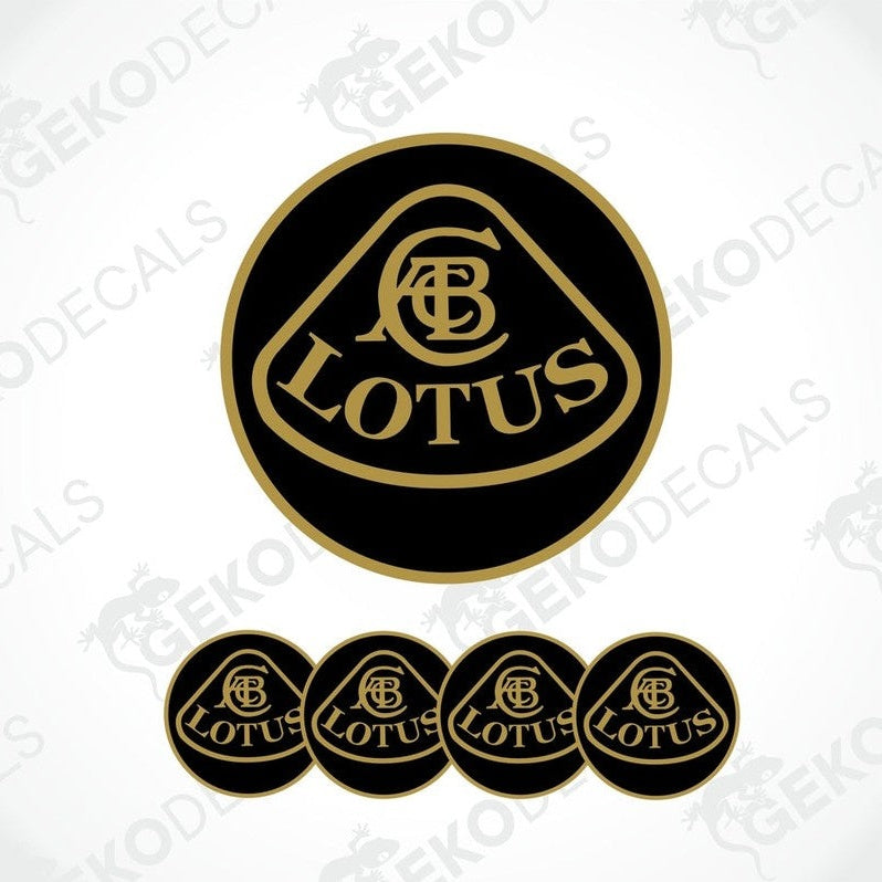 A set of black and brown vinyl decals with the Lotus logo, including four round decals and one larger oval decal.