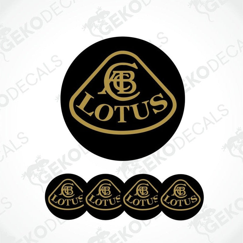 A set of black and brown vinyl decals with the Lotus logo, including four round decals and one larger oval decal.