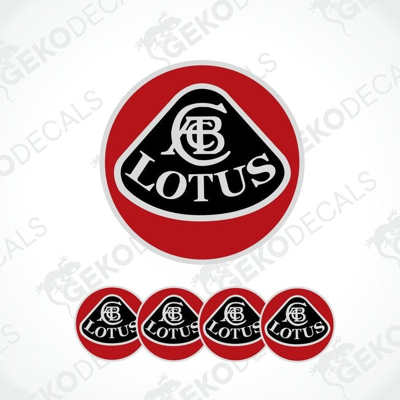 A set of four red vinyl decals with the black Lotus car logo.