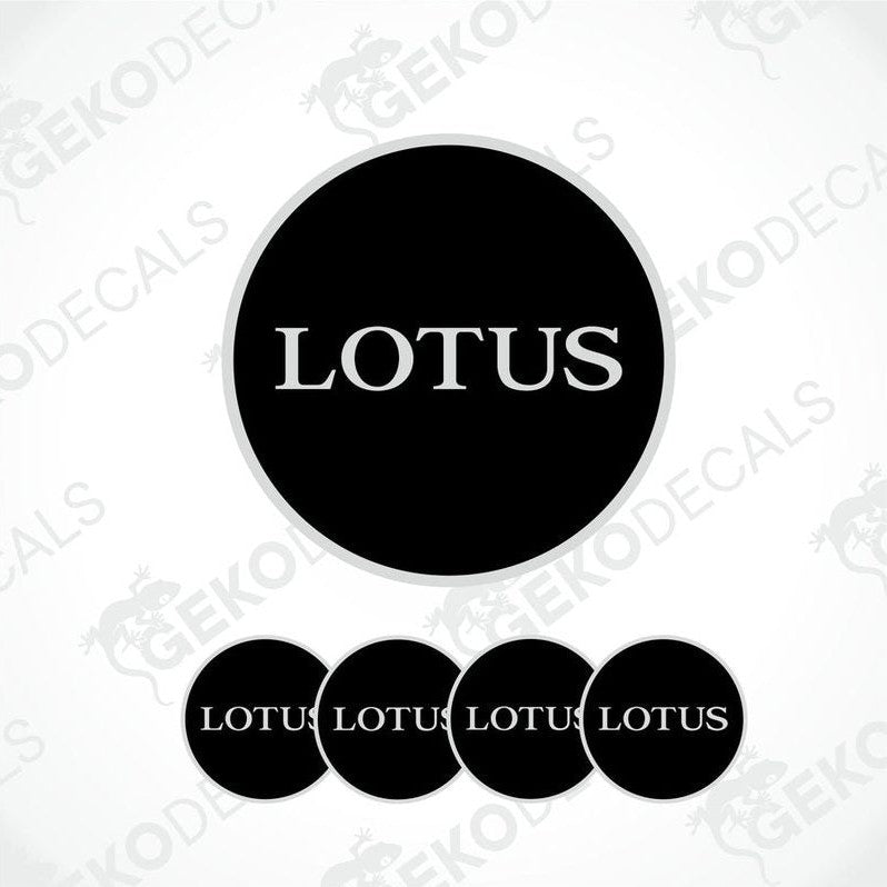 A set of four black vinyl decals with the word 'LOTUS' written in white letters.
