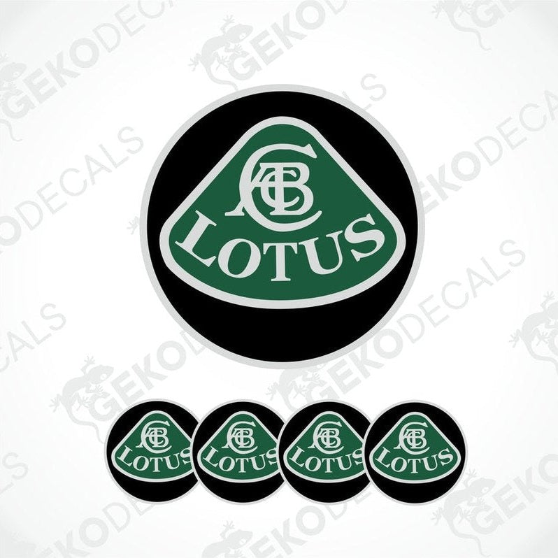 A set of four green, white, and black vinyl stickers with the LOTUS brand logo.