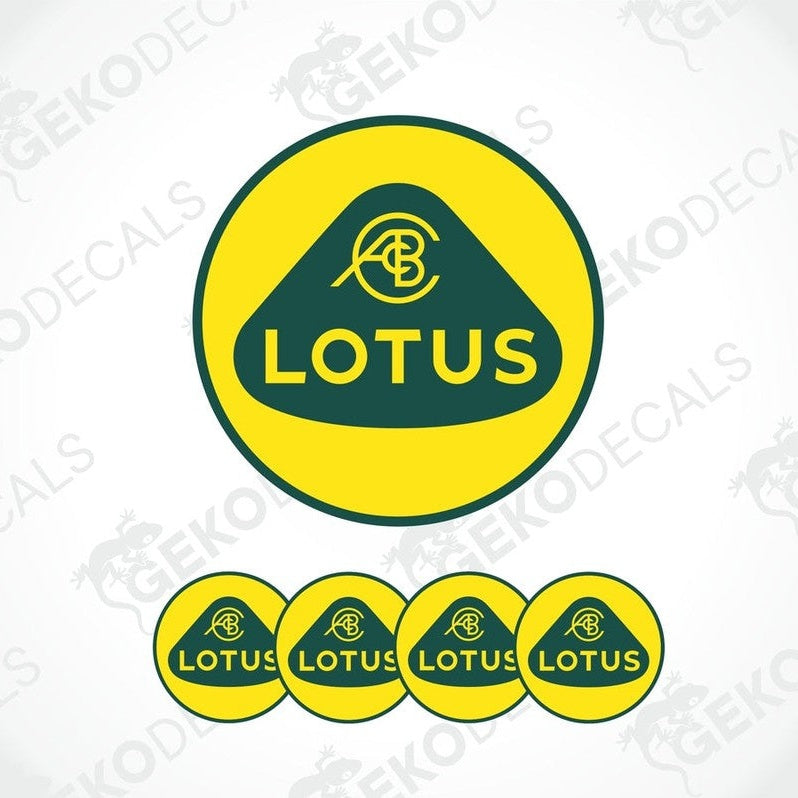 A set of four yellow and green vinyl stickers with the word 'LOTUS' printed on them, designed for use as car decals.