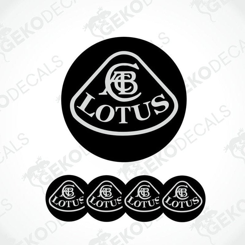A set of black vinyl decals with the Lotus logo, including one larger emblem and four smaller ones, arranged in a row.