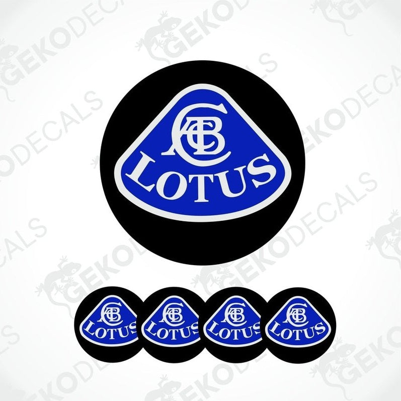 A set of four blue, black, and white vinyl stickers with the LOTUS brand logo.
