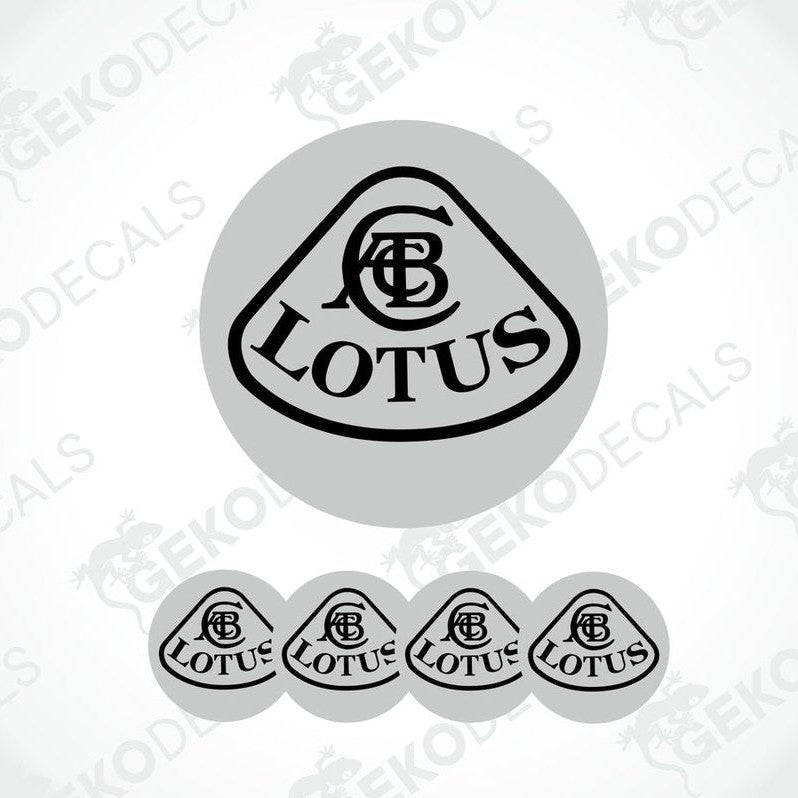 A set of four grey vinyl decals with the word 'LOTUS' written in black letters.