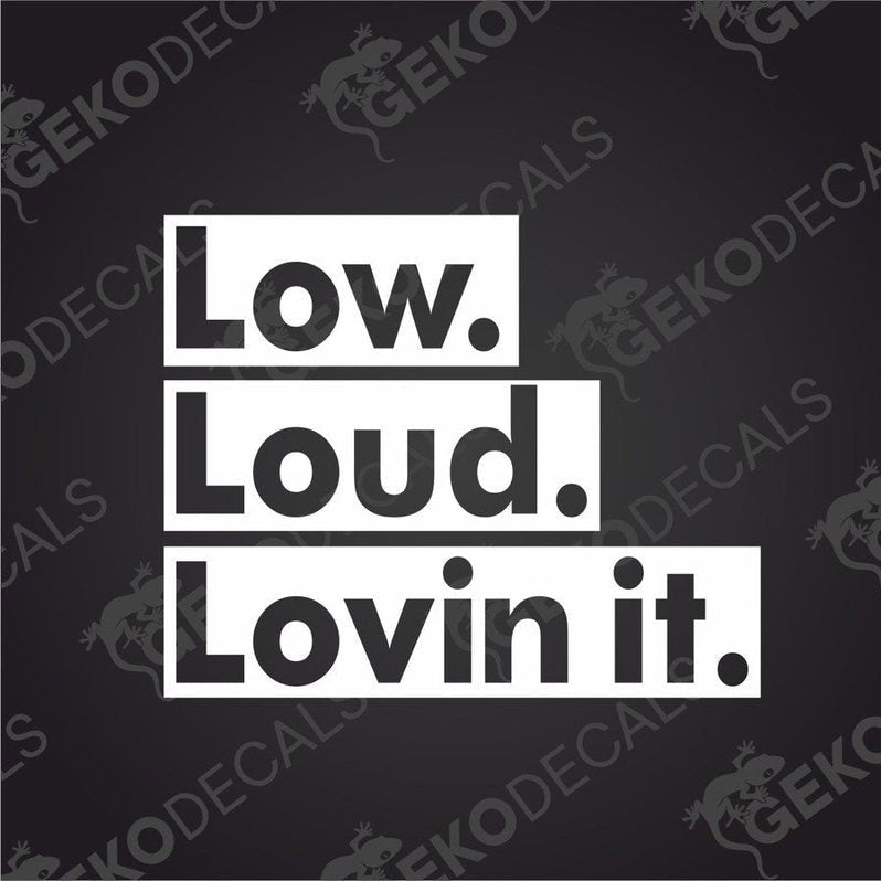 Low Loud Lovin It die cut car decal on transfer paper with bold black text