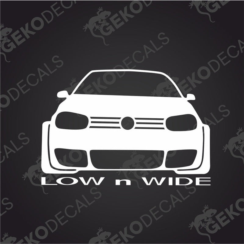 White LOW N WIDE die cut car decal on transfer paper with lowered wide body silhouette
