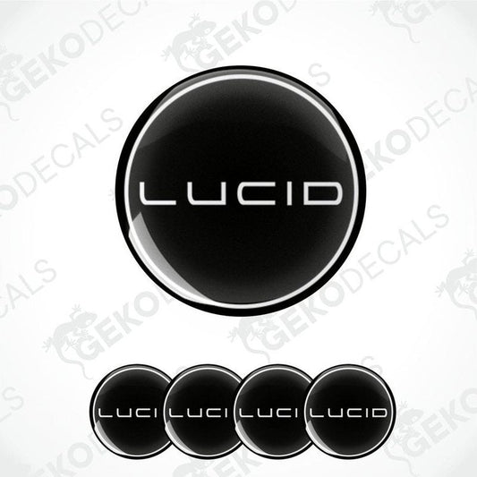 A set of four black vinyl decals with a white Lucid logo, displayed on a white background.