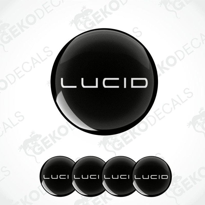 A set of four black vinyl stickers with the word 'LUCID' written on them, designed for use as car decals.