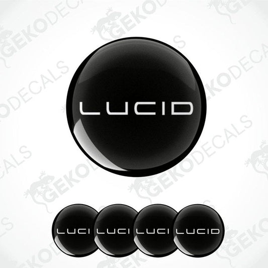 A set of four black vinyl stickers with the word 'LUCID' written on them, designed for use as car decals.