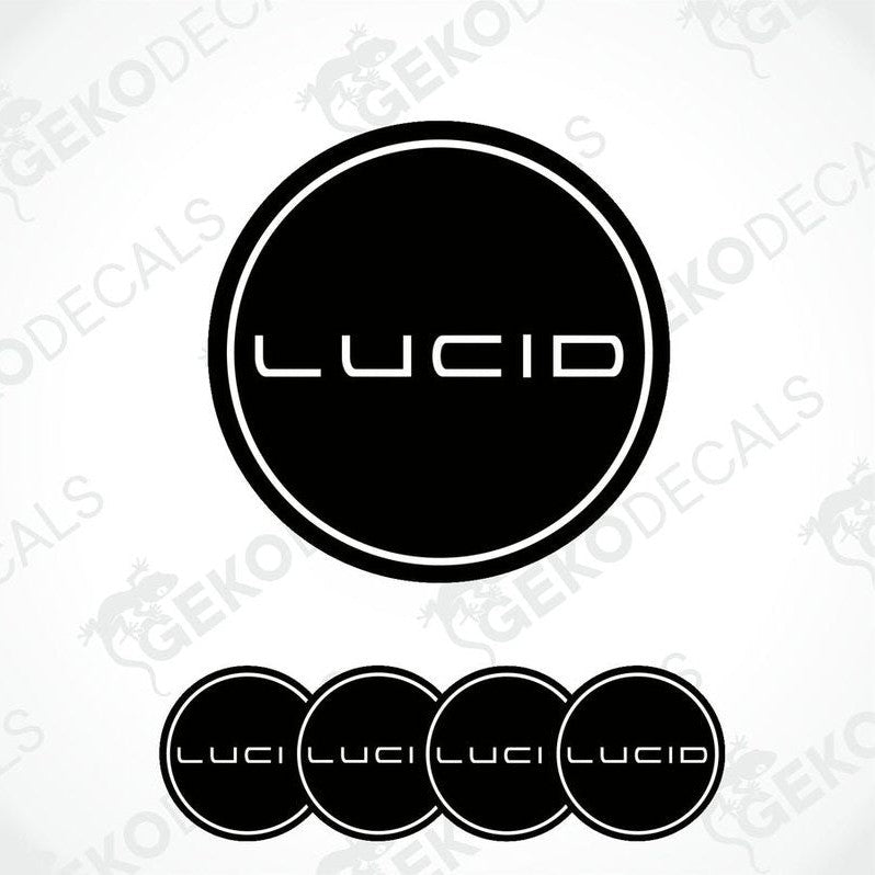 A set of four black vinyl decals with a white Lucid logo, displayed on a white background.