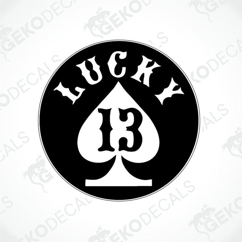 LUCKY 13 circular black and white car decal with spade symbol