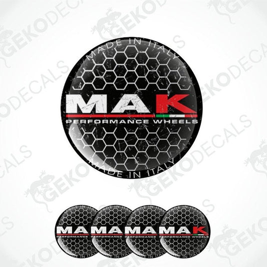 A set of black vinyl decals with the text 'MAK PERFORMANCE WHEELS' in white and red, including four round decals with the brand logo.