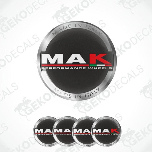 A set of four circular vinyl stickers with the 'MAK Performance Wheels' branding, including a logo with red and black colors and the text 'MADE IN ITALY'.
