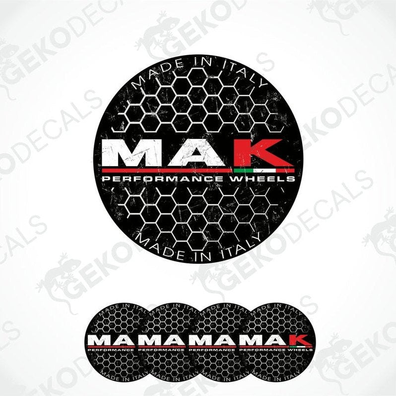 A set of black vinyl decals with the text 'MAK PERFORMANCE WHEELS' in white and red, including four round decals with the brand logo.