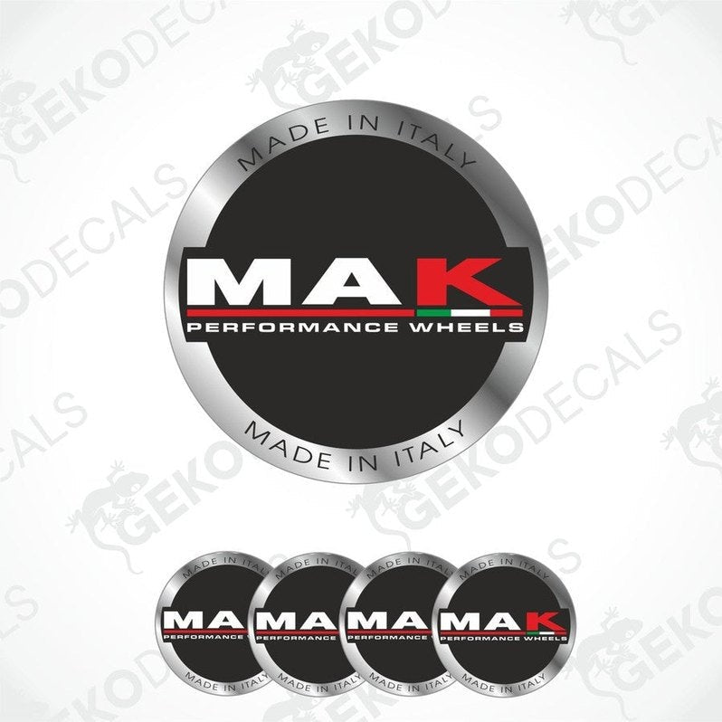 A set of four circular vinyl stickers with the 'MAK Performance Wheels' branding, including a logo with red and black colors and the text 'MADE IN ITALY'.
