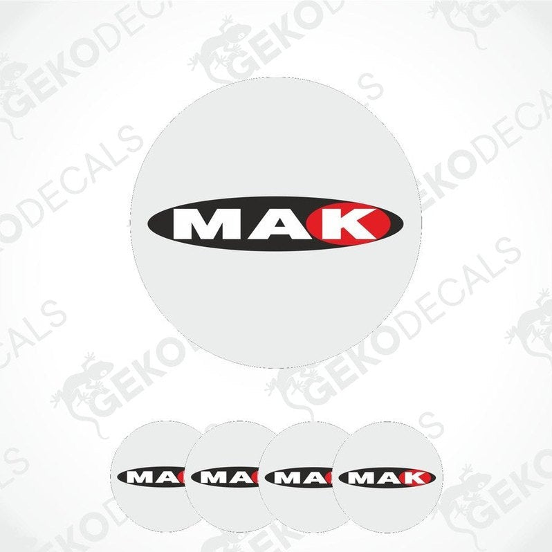 A set of four white vinyl stickers with the MAK brand logo in black and red.