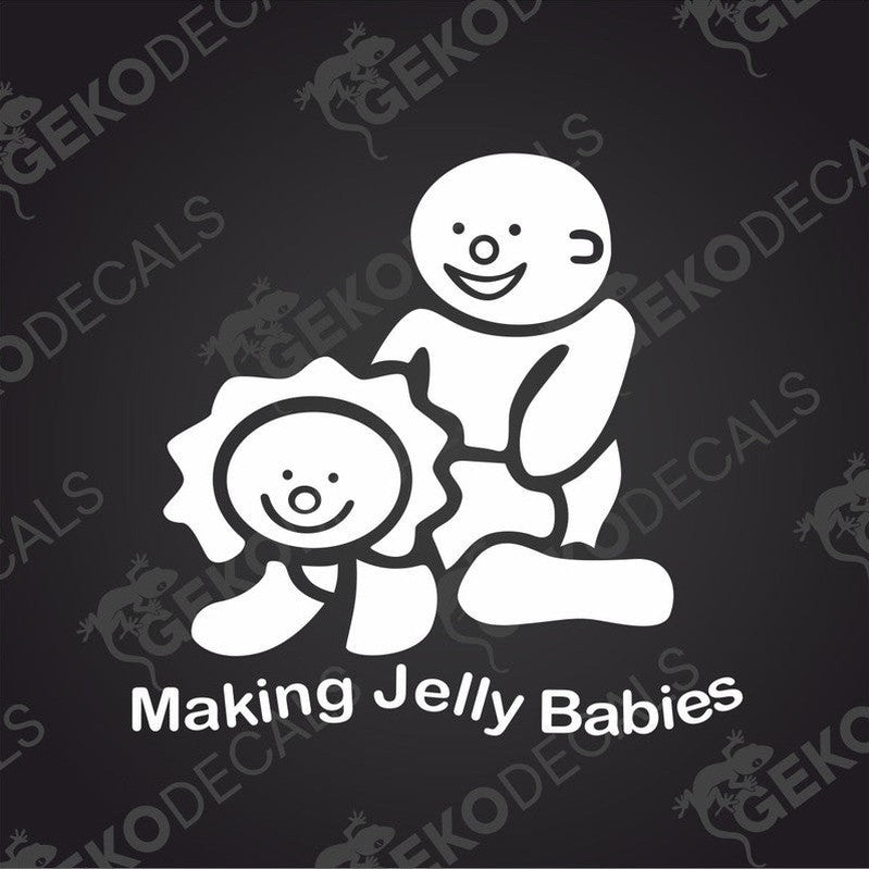 A white vinyl decal of a smiling cartoon character with the text 'MAKING JELLY BABIES'.