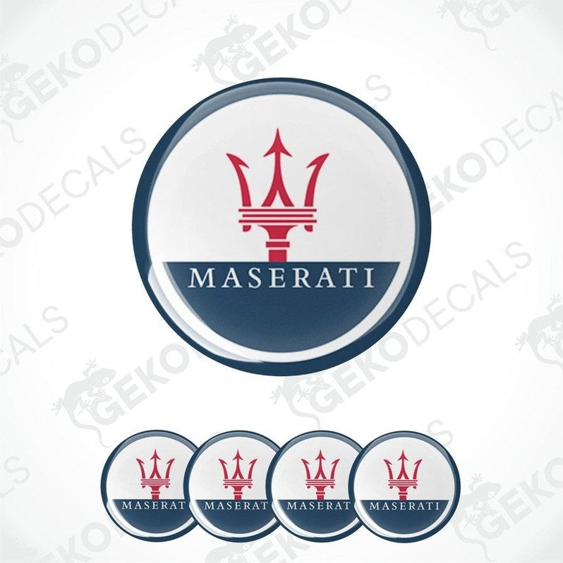 Set of four round vinyl decals with the Maserati logo in red and white on a blue and black background.