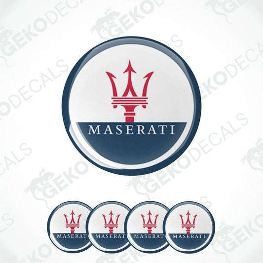 Set of four round vinyl decals with the Maserati logo in red and white on a blue and black background.