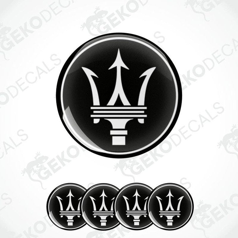 Set of four black and white vinyl decals with the Maserati logo.