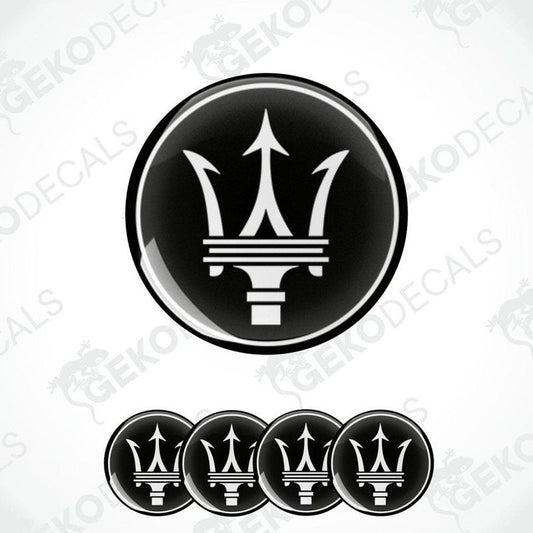 Set of four black and white vinyl decals with the Maserati logo.