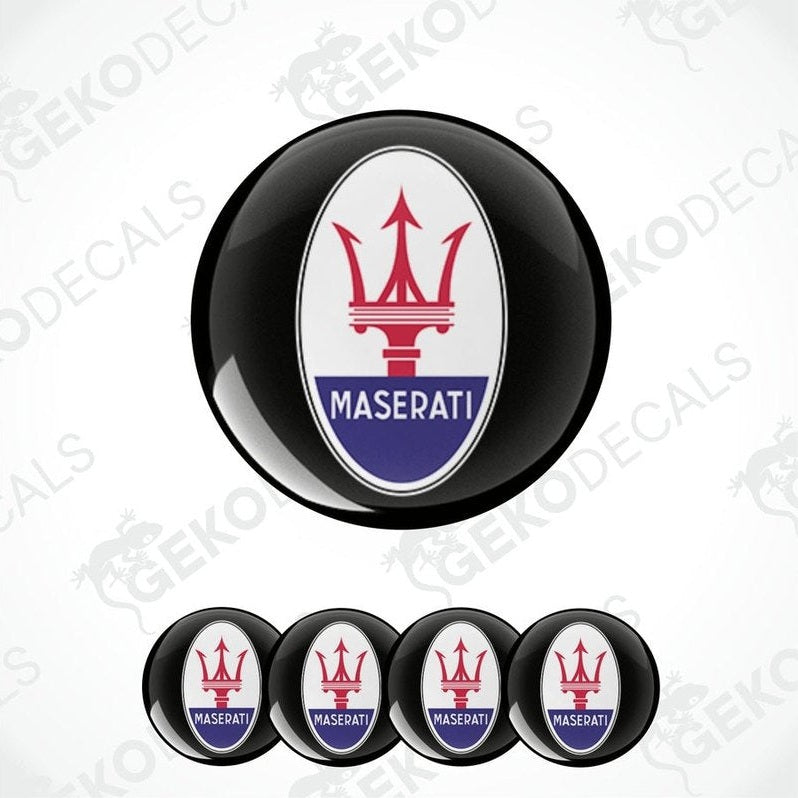 Set of four round vinyl decals with the Maserati logo in red, white, and blue.