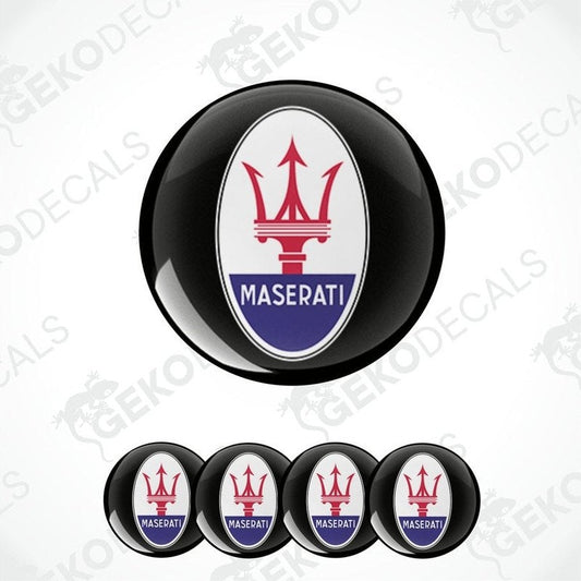 Set of four round vinyl decals with the Maserati logo in red, white, and blue.