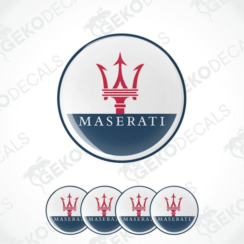 A set of round vinyl stickers with the Maserati logo in the center, displayed against a white background.
