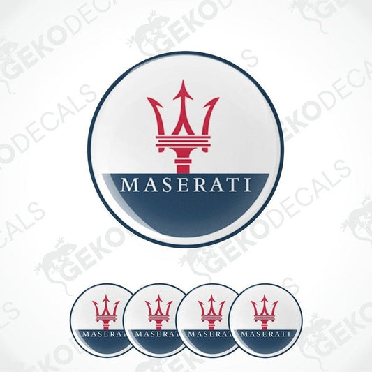 A set of round vinyl stickers with the Maserati logo in the center, displayed against a white background.