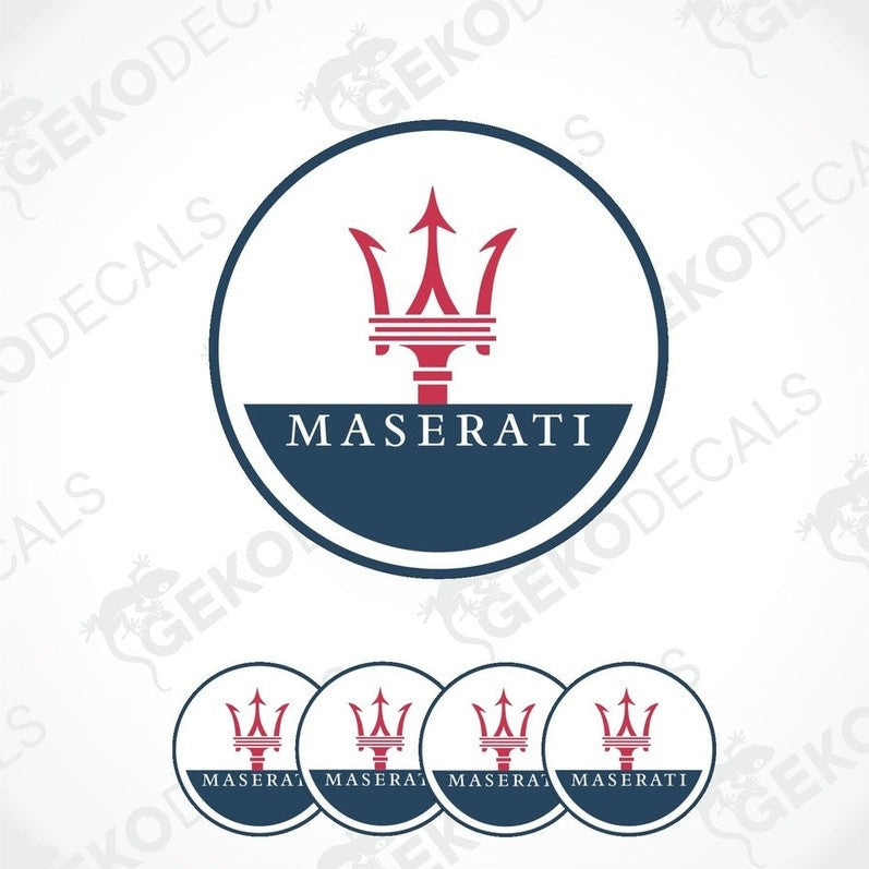 A set of round vinyl stickers with the Maserati logo in the center, displayed against a white background.