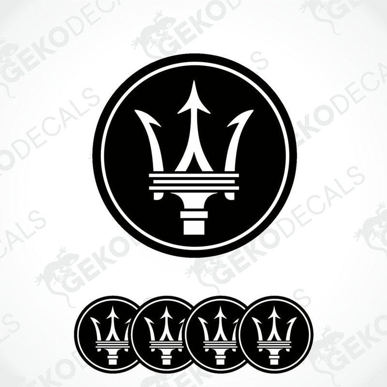 Set of four black vinyl decals with the Maserati logo applied on a white background.
