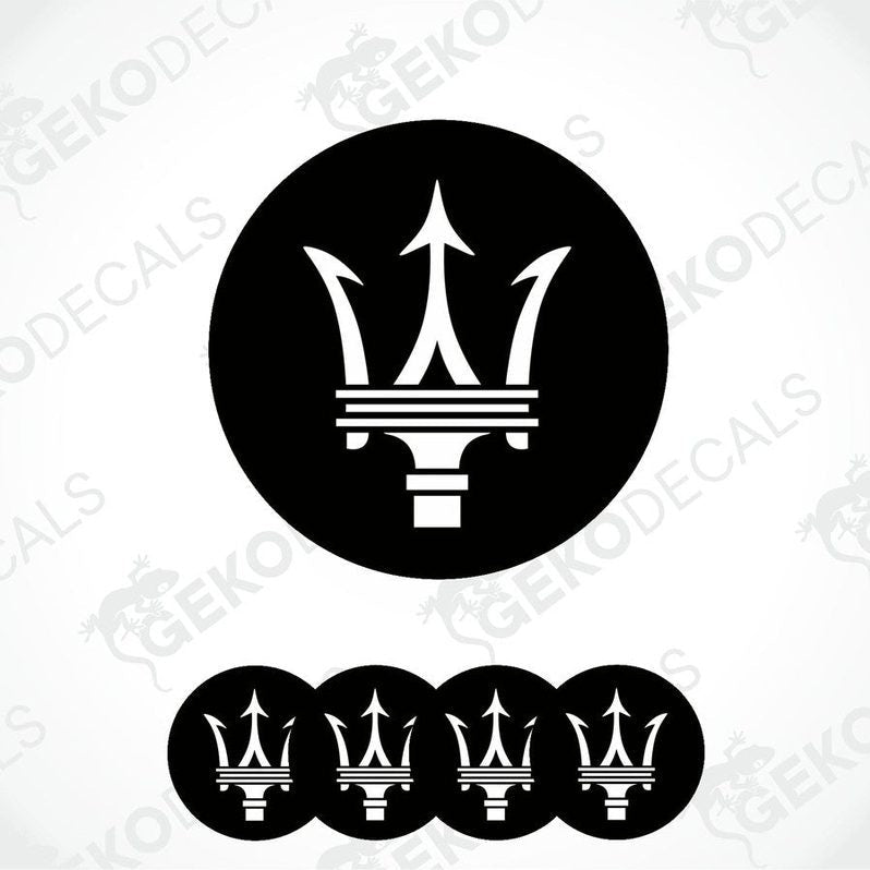 Set of four black vinyl decals with the Maserati logo applied on a white background.