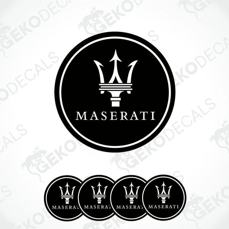 A set of four black vinyl stickers with the Maserati logo in the center.