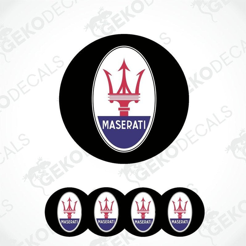 Set of four round vinyl decals with the Maserati logo in red, white, and blue.