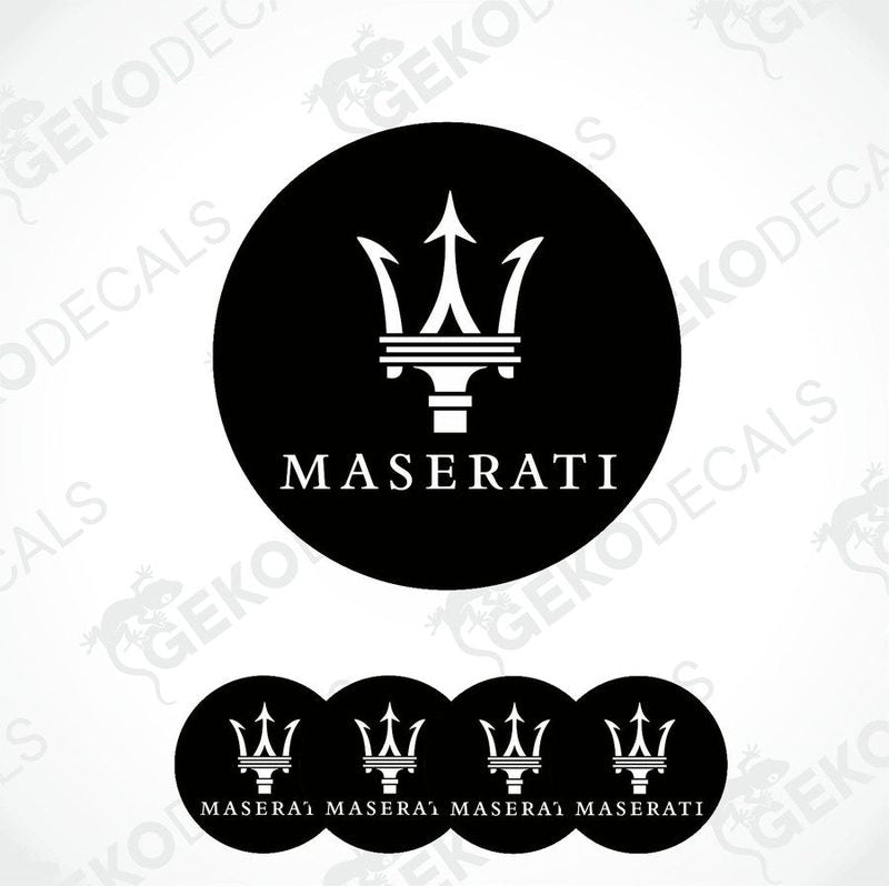 Set of four black vinyl decals with the Maserati logo applied on them, designed for use as car wheel caps.