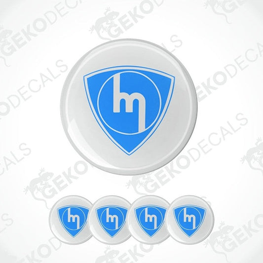 A set of four blue and white car decals with the MAZDA logo.
