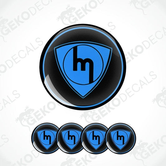 A set of four blue and black car decals with the MAZDA logo.