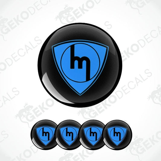 A set of four blue and black car decals with the MAZDA logo.