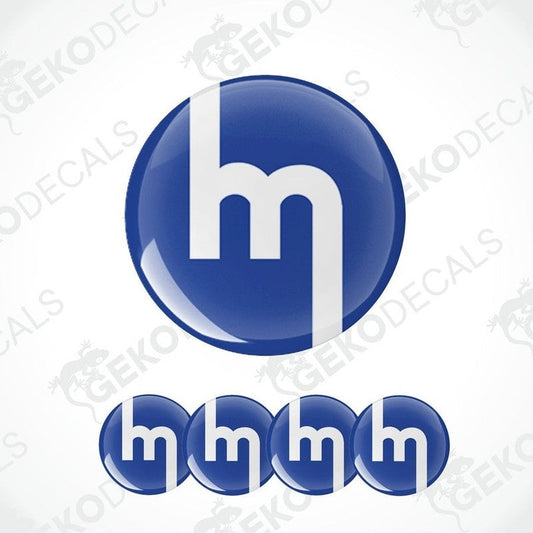 A set of four blue and white vinyl decals with the MAZDA logo design.