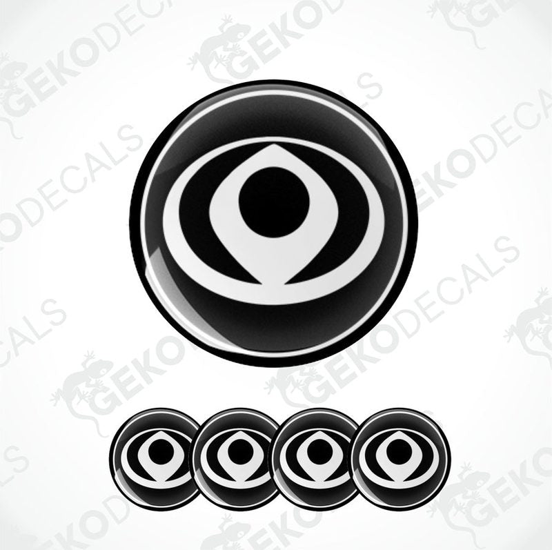 A set of black and white vinyl decals with the Mazda logo, including four different sized stickers.