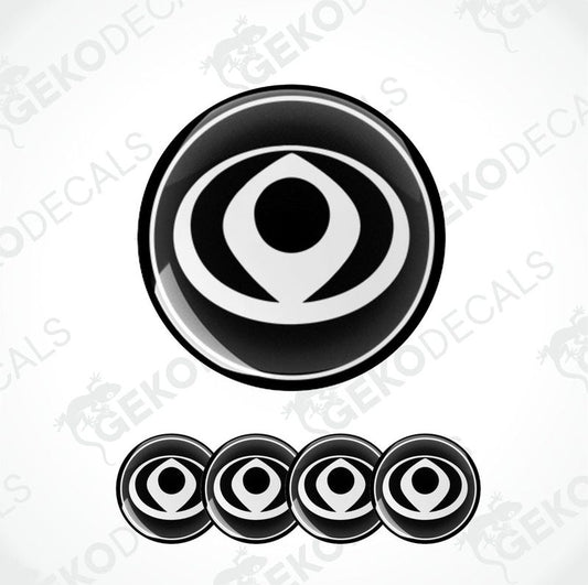 A set of black and white vinyl decals with the Mazda logo, including four different sized stickers.