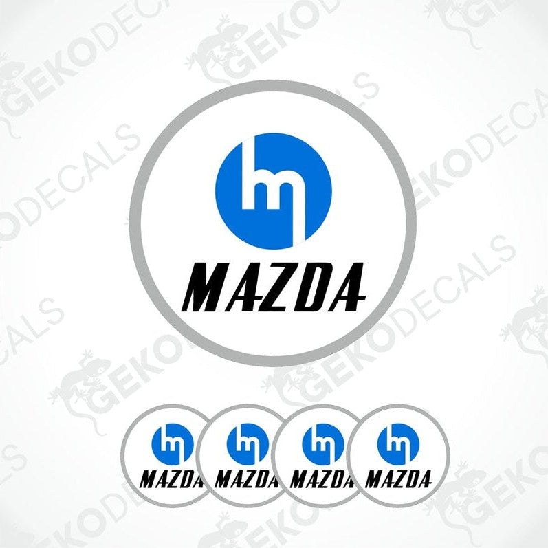 A set of four blue Mazda logo decals with a white background.