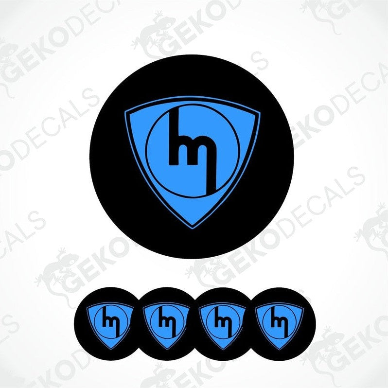 A set of four blue and black car decals with the MAZDA logo.