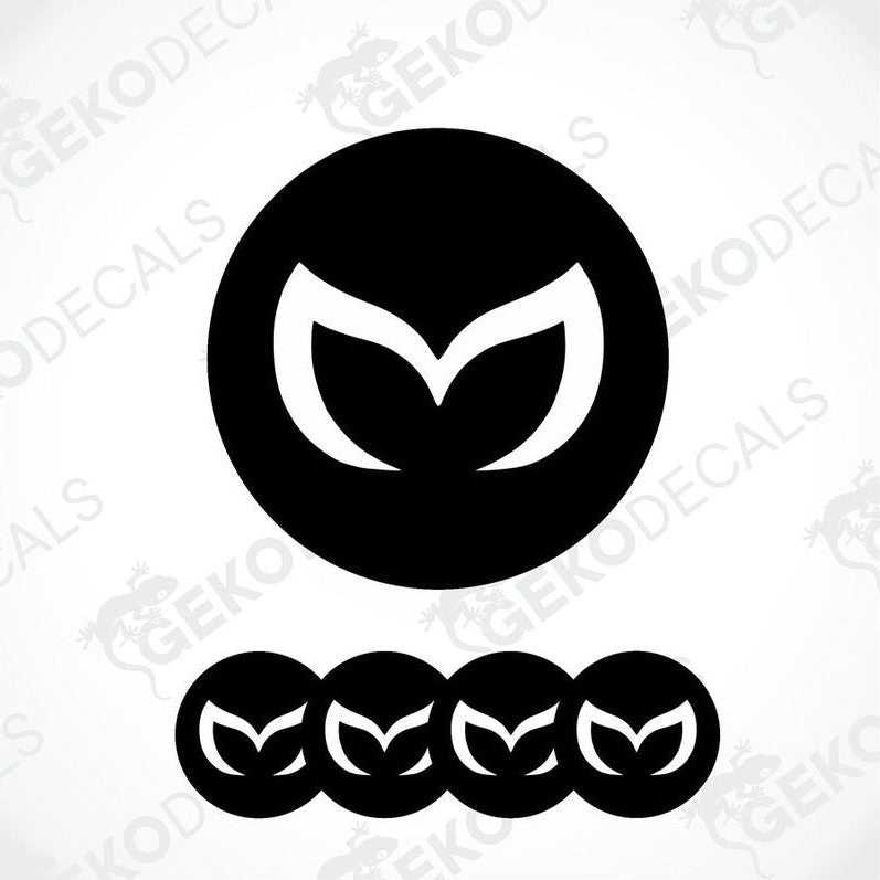 A set of four black vinyl stickers with a white Mazda logo on each.