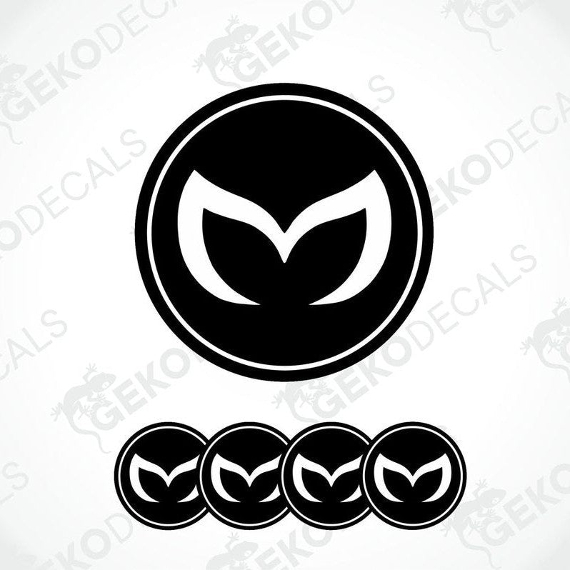 A set of four black vinyl stickers with a white Mazda logo on each.