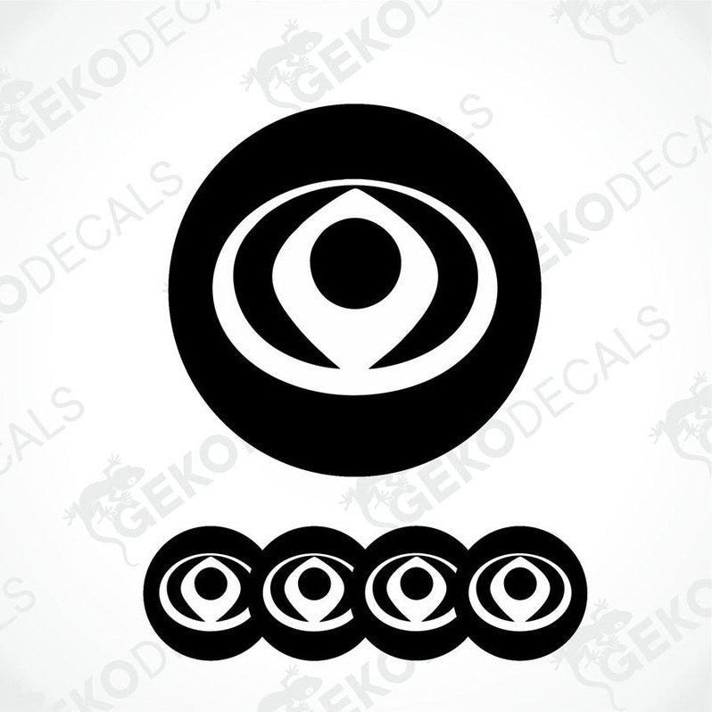 A set of four black and white circular vinyl stickers with a geometric design, associated with the brand MAZDA.