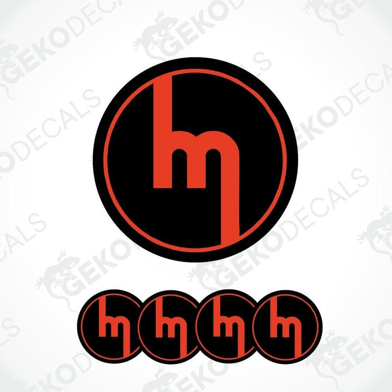 A set of four black and red vinyl decals with the MAZDA logo design.